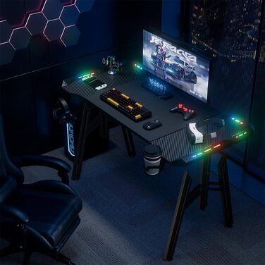 LED ігровий стіл FIVMEN 120x60 см з підсвіткою, тримачем для напоїв та гачком для навушників. Стіл для комп'ютера, геймінговий стіл з карбоновим покриттям, M-Frame 120 см