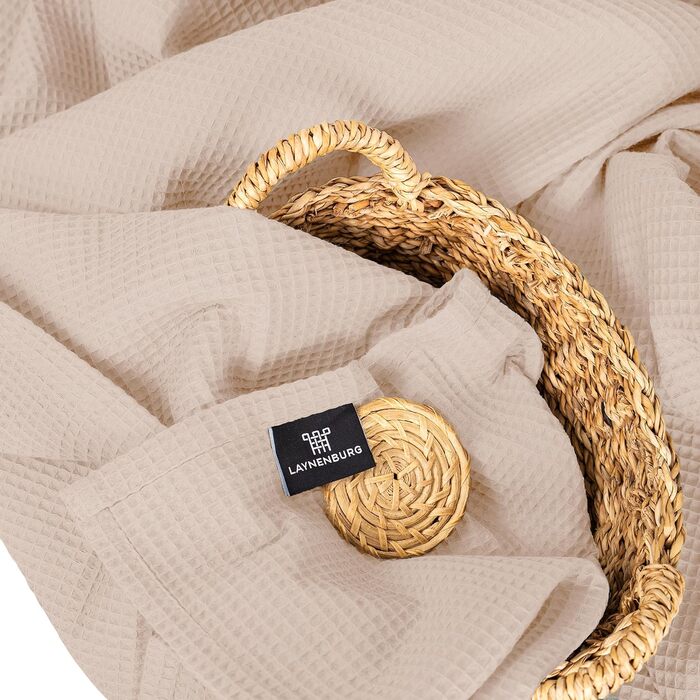 Плед LAYNENBURG Premium 180x220 см - вафельна тканина, 100% бавовна. Легкий плед з вафельною текстурою для ліжка, дивана, софи. Колір: бежевий