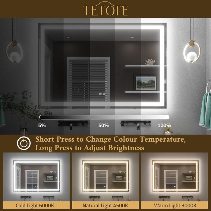 Дзеркало для ванної кімнати TETOTE з підсвічуванням 90x90 см, без рами, LED-touch, 3 кольори, регулювання яскравості, функція пам'яті