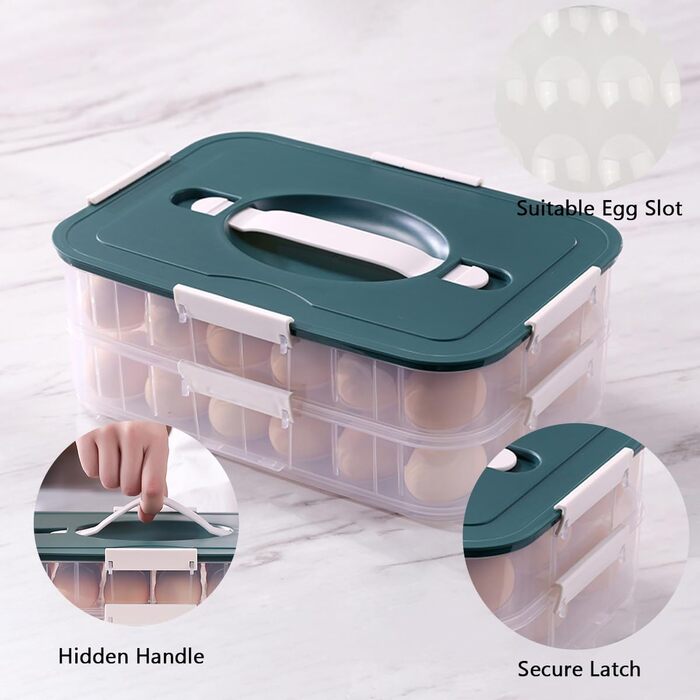 Контейнер для яєць з кришкою, 2-ярусний, 36 відділень, зелений, для пікніка, подорожей, вечірок