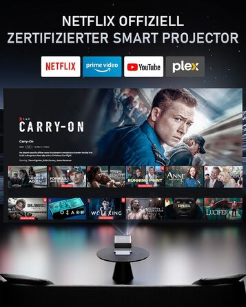 XuanPad Проектор 1080P з WiFi, Bluetooth та AI-автофокусом, 30000 люмен, поворотний на 210°, автоматична корекція Keystone, захист від пилу та система охолодження, сертифікований Netflix