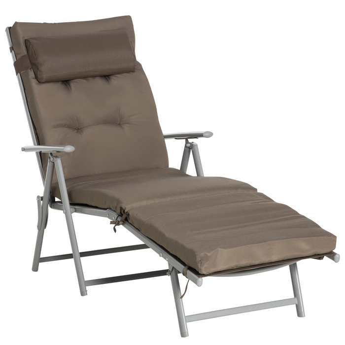 Outsunny Sun Lounger Садовий шезлонг складний регульований з подушкою коричневий сріблястий 137x63.5x100.5см для пляжу та саду