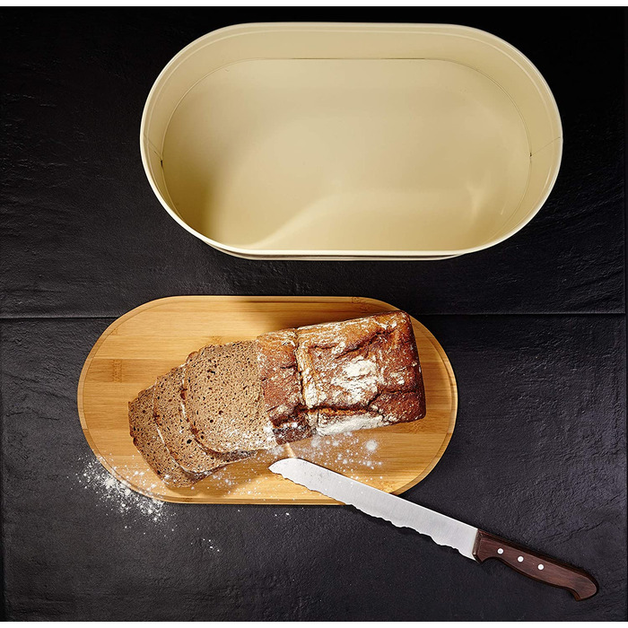 Хлібниця для кухні Lumaland металева Хлібниця з бамбуковою кришкою, Хлібниця прямокутної форми, 30,5 х 23,5 х 14 см (овал 36 х 20 х 13,8 см, бежевий)