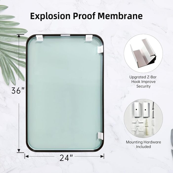 Дзеркало для ванної кімнати на стіну з округлим прямокутним дизайном та коричневим металевим каркасом. Підходить для ванної, передпокою, вітальні, спальні. Вертикальна або горизонтальна орієнтація. Розміри: 91.4 x 61 см, колір: брашований титан.