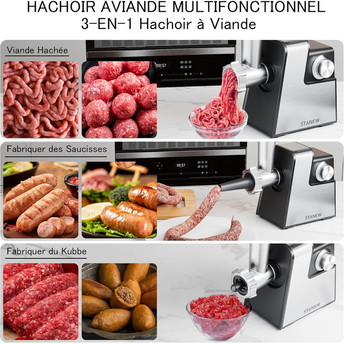 Електрична м'ясоподрібнювач STANEW 2500W з нержавіючої сталі [4-в-1] з 5 лезами (хвильовий ніж/різання/тертка) та подвійним мотором - для м'яса, овочів, зелені + насадка для ковбас та для вирізання печива