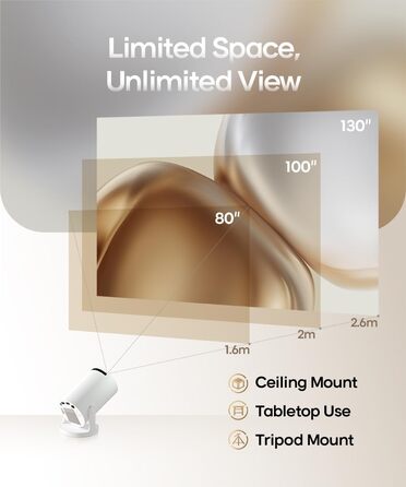 Міні-проектор Alwtniet 4K з Wi-Fi 6, Bluetooth 5.4, 5W динаміком, автоматичною корекцією трапецеїдальних спотворень, поворотним на 180°, портативний для дому та вулиці, Android 11 (ручний фокус)