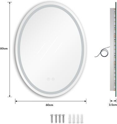 Дзеркало для ванної кімнати Dripex з підсвічуванням LED, сенсорне керування, регулювання яскравості, 3 кольори світла, антизапар, овальне, 50 x 70 см