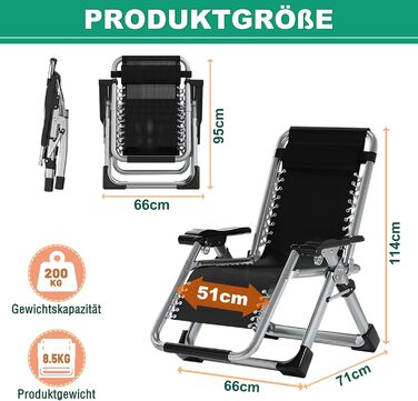 Складаний лежак з підголівником, 200 кг, сірий – для дому, балкону, пляжу, басейну