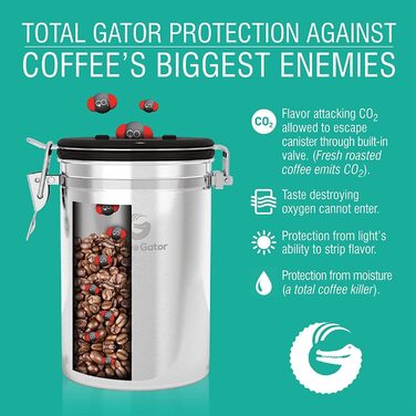 Кавова каністра Coffee Gator з індикатором дати, клапаном викиду CO2 і ковшем, 2 упаковки сірого/нержавіючої сталі зі знижкою (середній, Помаранчевий)