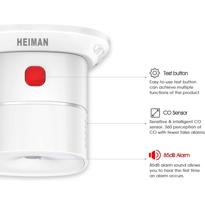 Детектор чадного газу HEIMAN з Wi-Fi, 10 років служби, сумісний з Tuya/SmartLife, EN50291, портативний (HS1CA)