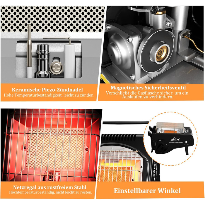 Газовий нагрівач HOMELUX 1,7KW для дому та на вулиці: обігрівач, нагрівач для кемпінгу, без електроенергії, газовий нагрівач, нагрівач для кемпінгу, нагрівальний прилад з 4 балончиками газу MSF-1a (BDZ-Q1000+4Gaskartuschen)