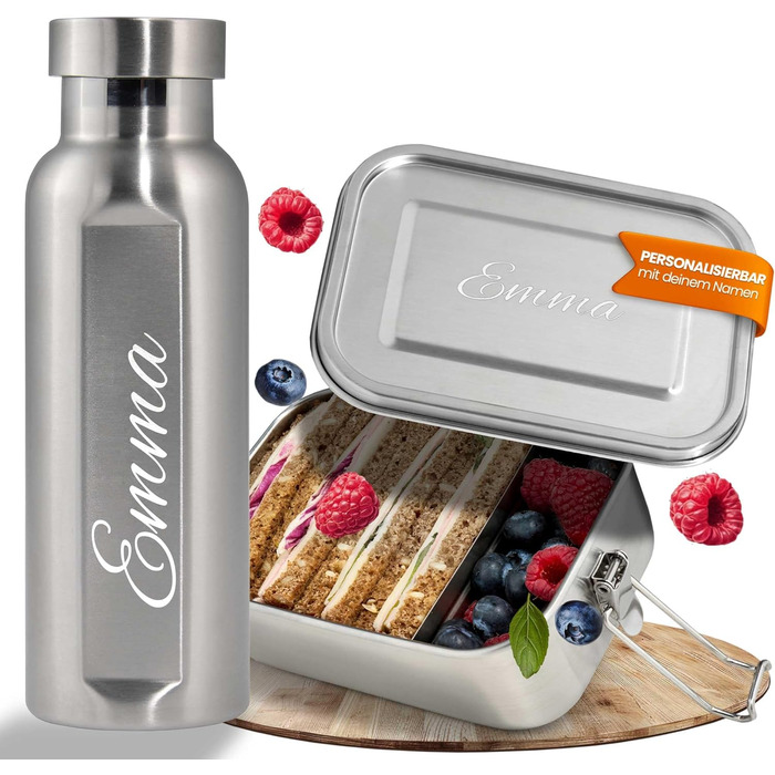 Ланчбокс з нержавіючої сталі з гравіюванням імені + пляшка для води – 800 мл, 470 мл, з роздільником, захист від протікання, бенто-бокс – подарунок, 1 вересня, спорт, відпочинок на природі