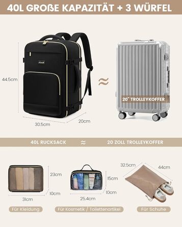 LOVEVOOK Рюкзак ручної поклажі, 40L, 17.3 дюйми, для подорожей та бізнесу, водонепроникний, 45x30x20 см, кольори: зелений, бежевий, чорний