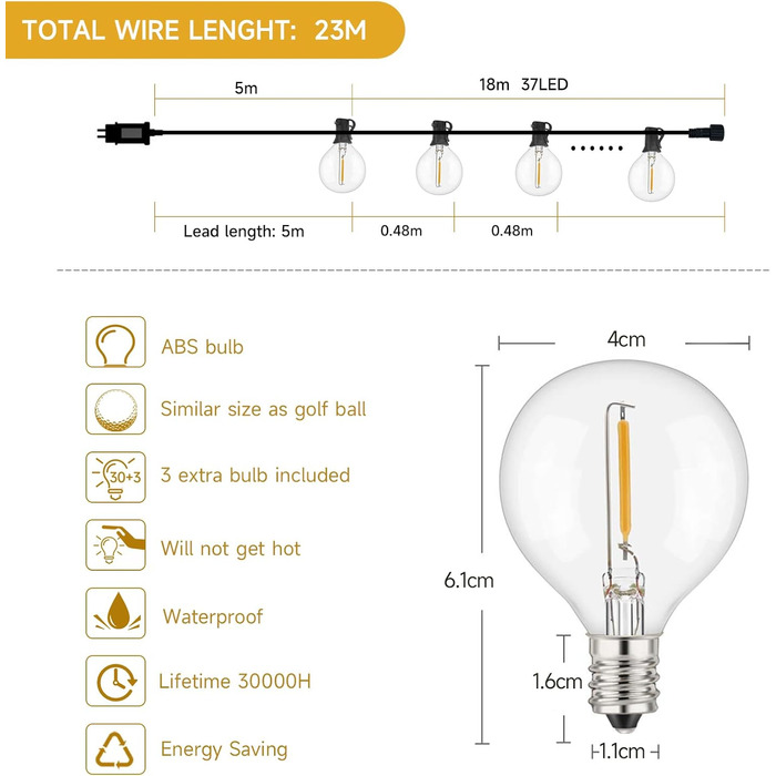 Світлодіодні струнні світильники зовнішні, лампочки 212 G40, водонепроникні, для прикраси та вечірки, 10M