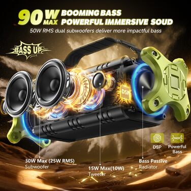 W-KING Портативна Bluetooth Колонка 90W, Вологостійка IPX6, 40 годин, Powerbank, NFC, AUX, TF, Зелена