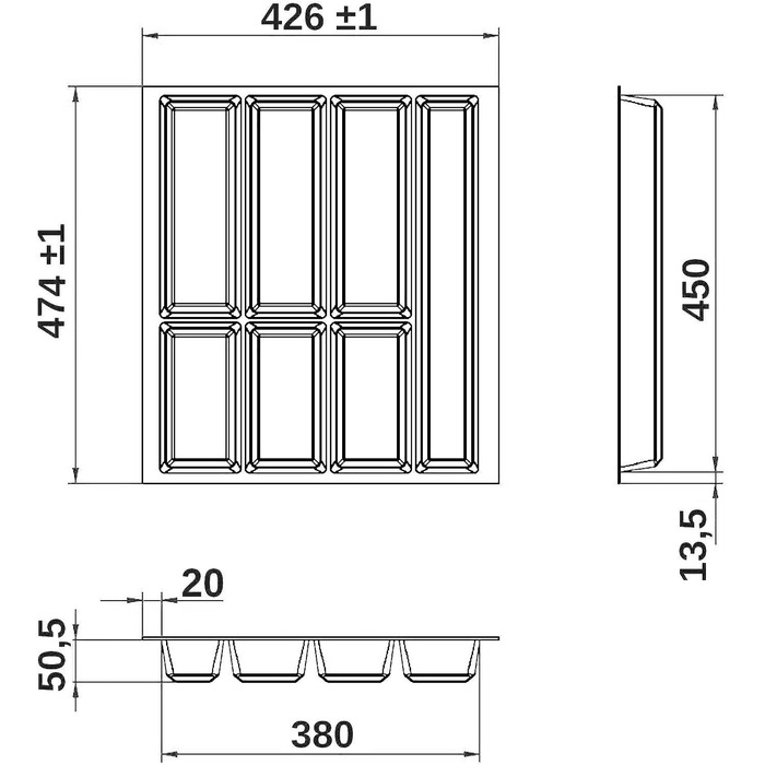 Дизайн Вставка для столових приладів базальтово-сіра коробка для столових приладів 526 x 474 мм для кухонь Schller KH Schreder і багато іншого. з корпусом 60 (для ширини корпусу 500 мм)
