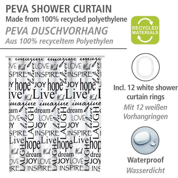 Шторка з переробленої пластикової плівки (PEVA), для душу та ванни, водонепроникна, 180 х 200 см, в т.ч. 12 кілець для фіранок для душу