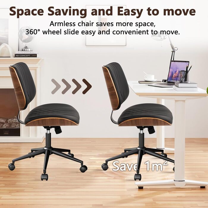 Крісло офісне без підлокітників Clatina з роликами, регульоване по висоті, шкіряне, поворотне, для комп'ютера, середньою спинкою, сучасний стиль горіх, для home office, робочого кабінету, конференц-залу, біле (чорне), 1 шт.