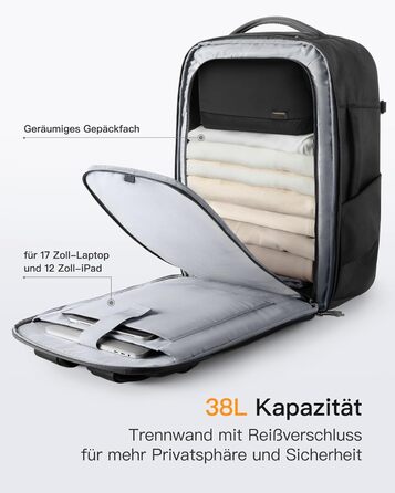 Дорожній рюкзак Inateck 38L TSA-сумісний рюкзак для ручної поклажі жіночий чоловічий рюкзак для 17-дюймового ноутбука, схвалений для польотів водовідштовхувальний рюкзак з окремим відділенням для взуття, чорний