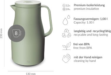 Термос Alfi ECONSCIOUS 1.0л, туманно-зелений, з ізоляцією, з вбудованим скляним вставкою, з біо-пластику, з кришкою-вертушкою, з кнопкою, для зручного наливання однією рукою, ідеальний для кави та чаю, без BPA