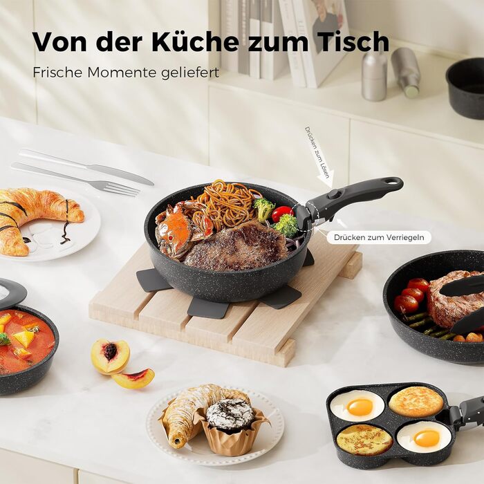 Набір каструль та сковорідок YASHE 20 предметів з знімними ручками, антипригарне покриття, для індукційних плит, термостійкий до 230°C, можна мити в посудомийній машині, складається, сірий та білий (сірий)