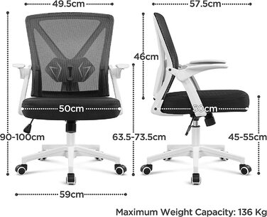 Офісне крісло Yaheetech ергономічне, сітчасте робоче крісло з відкидними підлокітниками, обертове крісло з регульованою опорою для попереку, крісло для керівника з регульованою висотою, (білий)