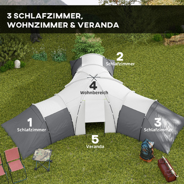 Кемпінговий намет Outsunny Tunnel Tent на 6-9 осіб з 3 спальнями, вітальнею та верандою, водяний стовп 2000 мм, сірий