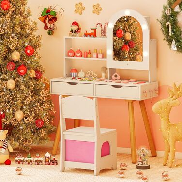Дитячий туалетний столик DREAMADE 2 в 1 зі стільцем, LED-дзеркало, шафка, полиці та шухляди, для дітей від 3 років (білий)