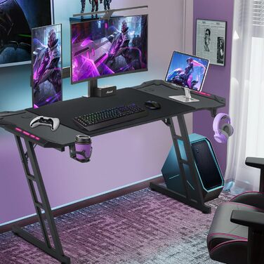 Ігровий стіл Kidsgigglz з LED-підсвічуванням 120x60 см - ергономічний комп'ютерний стіл з тримачем для напоїв та гачком для навушників. Підходить для дому, офісу та як кутовий стіл.