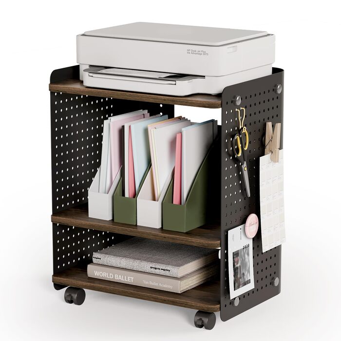 Робочий стіл для принтера Fenge з колесами, мобільний тримач для принтера з перфорованою панеллю, 3 рівні, стійка для принтера/рол-контейнер з органайзером, полиця, шафа для офісу та дому, 45,3x33,5x53,5 см (Коричневий+Чорний)