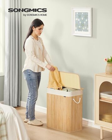 SONGMICS Кошик для білизни 95 л з кришкою, бамбук, з ручками, складний, знімний мішок для прання, для пральні, LCB060Y01