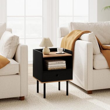 COSTWAY Набір з 2 тумбочок до ліжка, приліжкові столики з шухлядою та відкритою полицею, металеві ніжки, чорний колір, 40,5 x 35 x 56 см