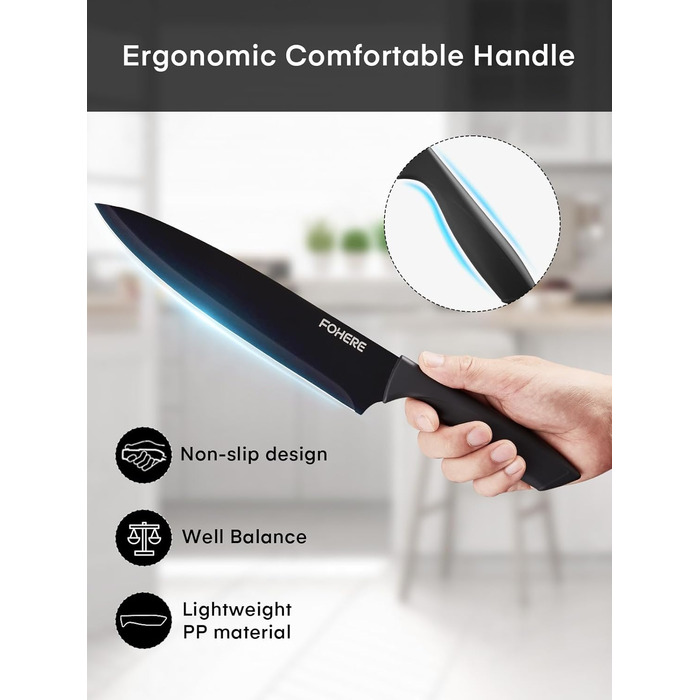 Набір ножів FOHERE 13 предметів з підставкою, нержавіюча сталь, з інтегрованим точилом, антипригарне покриття, ергономічні ручки, чорний граніт