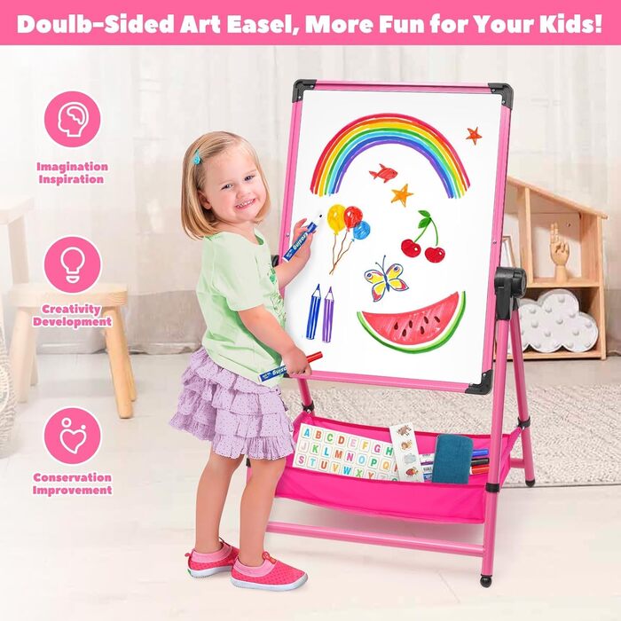 Дитяча мольберт Kinderstaffelei з двома боками, складний, регульована висота 74,9-111,8 см, з місцем для зберігання, поворотний на 360°, мольберт для малювання та дошка з набором літер та цифр, рожевий для хлопчиків та дівчаток