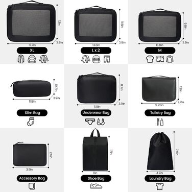 Набір органайзерів для одягу в дорогу Packing Cubes для валізи, 10 шт, легкі дорожні органайзери для подорожей, чорні