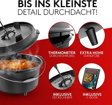 Набір чавунного казана BBQ Dutch Oven [Das Original] на 10,8 л з підставкою та кришкою-гриль на 2,2 л, підйомником та e-book