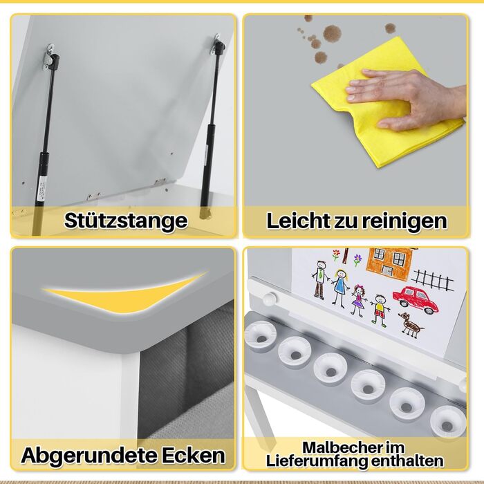 Дитячий стіл Kinder-Kunsttisch-Set з 2 стільцями: дерев'яний активний стіл для малюків з регульованою стільницею, відрами для фарб та 8 тканинними ящиками для зберігання (сірий/білий)