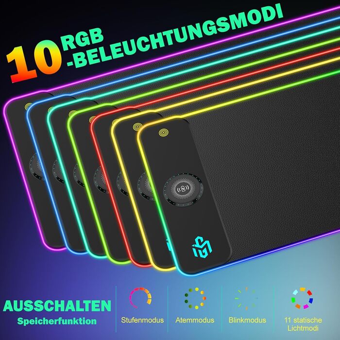 Ігрова підставка для миші RGB з бездротовою зарядкою Qi 15W, LED-підсвічування, 10 режимів, водонепроникна, протиковзна, для геймінгу, ПК, офісу (чорний PU)