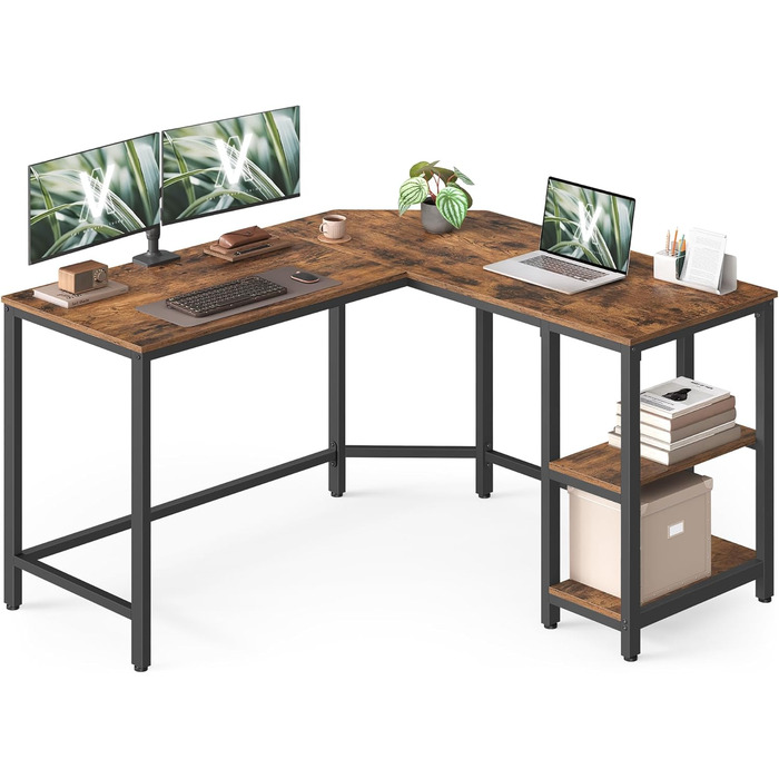 VASAGLE L-подібний кутовий стіл для комп'ютера, 138 x 138 x 76 см, з 2 полицями, для офісу та дому, геймінгу, чорний з текстурою дерева, LWD072B56