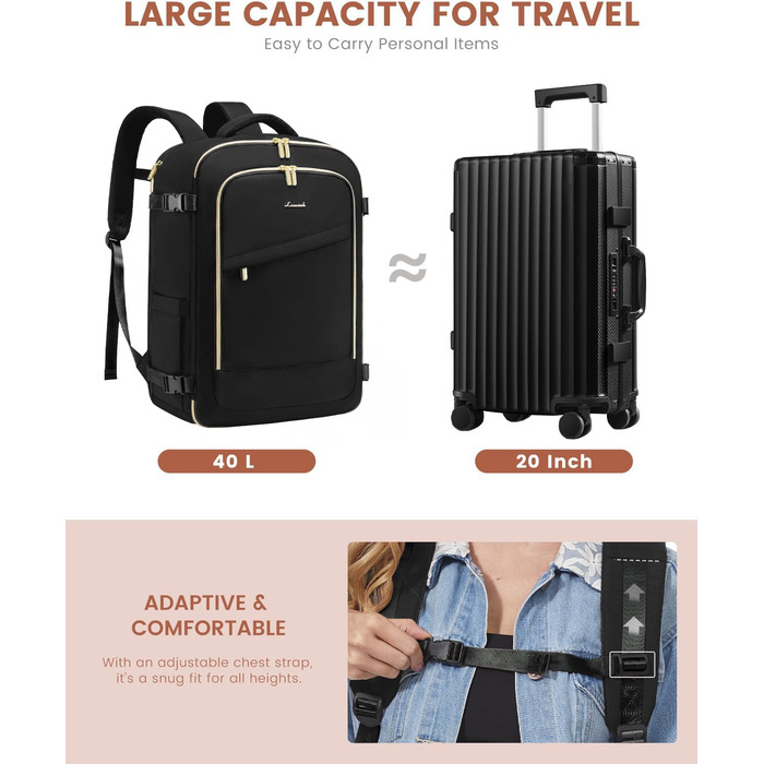 LOVEVOOK Рюкзак для ручної поклажі, дорожній рюкзак для жінок, водонепроникний, з відділенням для взуття, 17-дюймовий ноутбук, рюкзак для подорожей, 40L, 45x36x20, чорний