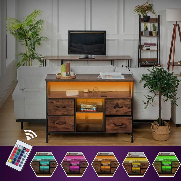 Вінтажна шафа для вітальні з LED-підсвічуванням, комод у стилі вінтаж з 4 висувними ящиками, 110x30x78 см, 2 USB та 2 AC роз'єми, дерев'яний комод для вітальні/кухні
