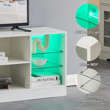 Тумба під телевізор CLIPOP Hochglanz Weiß з LED-підсвіткою, 130x34x57 см - ТВ тумба з скляною полицею для вітальні