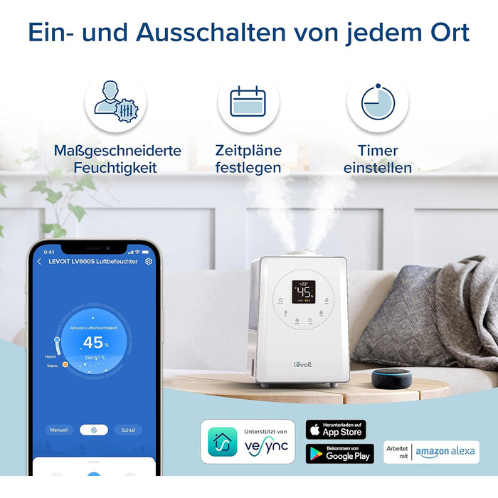 Зволожувач повітря LEVOIT Smart 6L з ароматерапією, верхній залив, холодний/теплий туман, керування Alexa/APP, режим сну, таймер 1-12 год, для спальні, дитячої кімнати, рослин до 40–70 м²