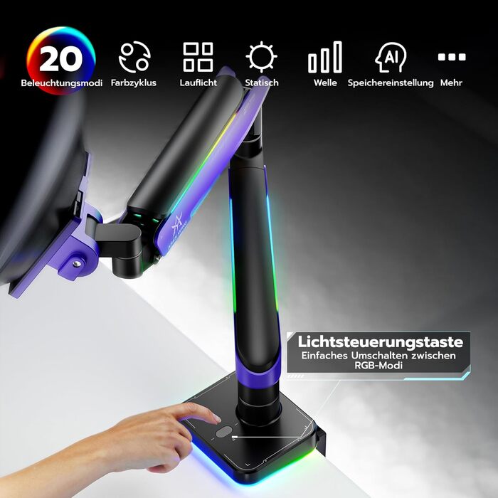 Кріплення для монітора ARES WING Gaming – для моніторів 17-49 дюймів, RGB, витримує до 20 кг, VESA 75/100 мм (фіолетовий)