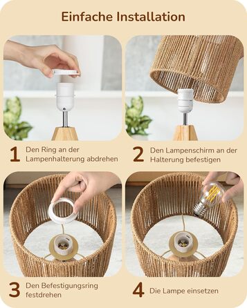 LED настільна лампа EDISHINE з абажуром з ручної роботи та дерев'яною підставкою, тепле світло 2700K, бохо-стиль для спальні, вітальні та готелю, з лампочкою E27 4W, паперовий шнур