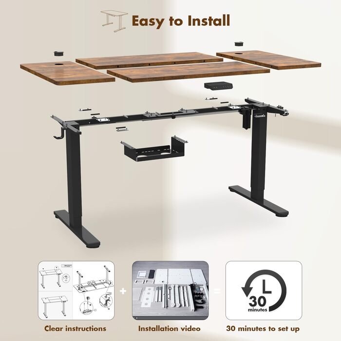 Електричний регульований стіл JUMMICO 160x80 см з підзарядною станцією, білий/коричневий, з кабелеуправлінням