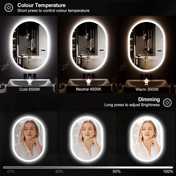 Круглий LED-дзеркало для ванної кімнати ChillCruiser 50см з чорною рамою, антизапарник, 3 кольори, пам'ять, 500x700мм