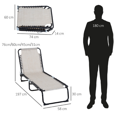 Outsunny Sun Lounger Складний садовий шезлонг 4-ступінчаста регульована спинка сталева сітка тканина бежевий 197x58x76 см для відпочинку на свіжому повітрі