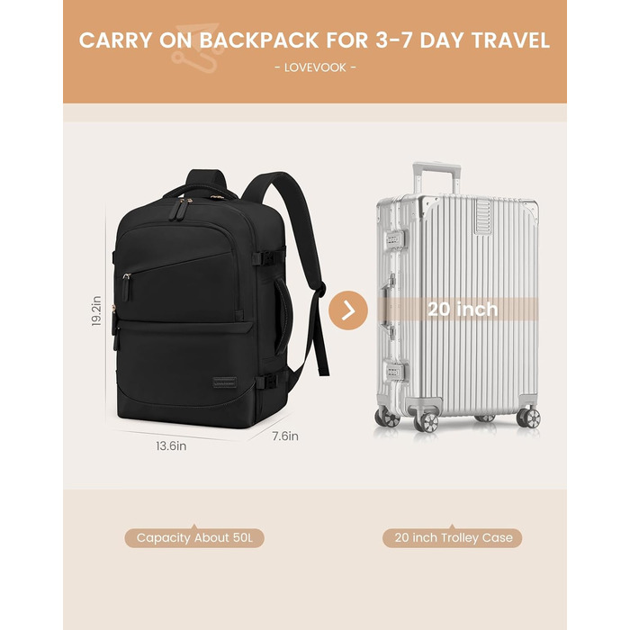 LOVEVOOK Рюкзак для ручної поклажі 40L, для подорожей, з відділенням для мокрого та сухого, для ноутбука, 45x36x20 см (Чорний)