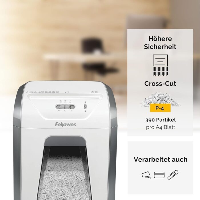 Fellowes знищувач паперу P4, 12 листів, перехресне різання, 19 л кошик, для офісу та дому, FS-12C, знищення кредитних карт, білий